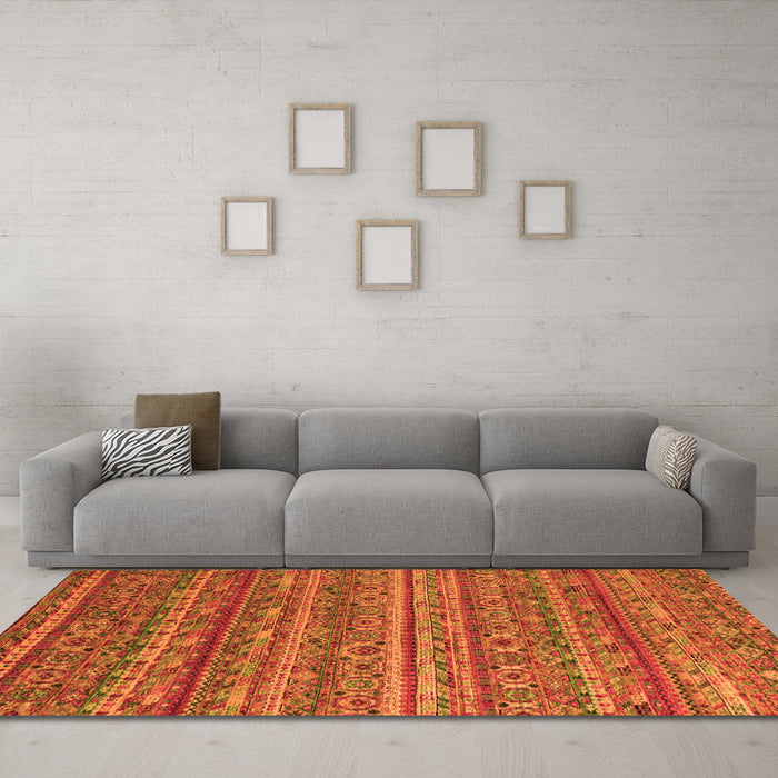 Machine Washable Abstract Orange Modern Area Rugs in a Living Room, wshabs4703org