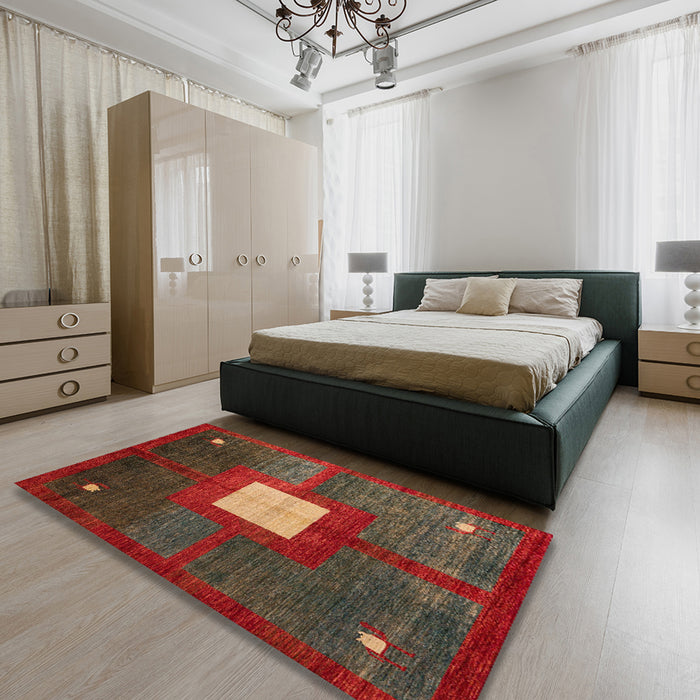 Machine Washable Abstract Tomato Red Rug in a Bedroom, wshabs4712