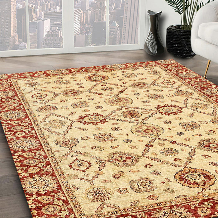 Abstract Mustard Yellow Oriental Rug in Family Room, abs471