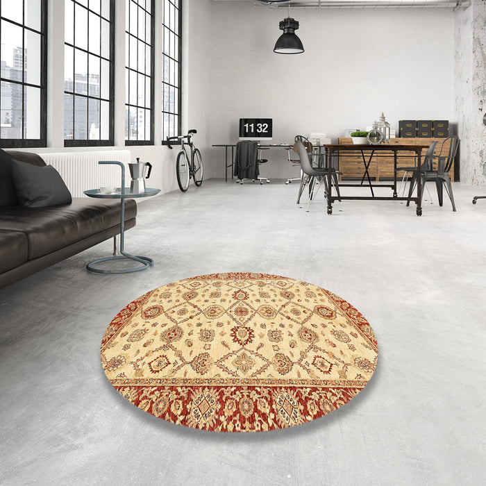Round Abstract Mustard Yellow Oriental Rug in a Office, abs471