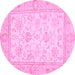 Round Machine Washable Oriental Pink Traditional Rug, wshabs472pnk