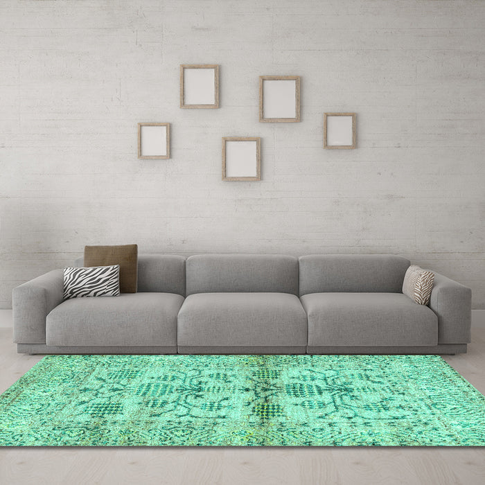 Machine Washable Oriental Turquoise Traditional Area Rugs in a Living Room,, wshabs4743turq