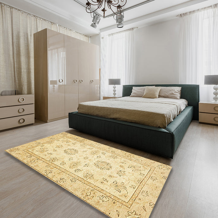 Abstract Sun Yellow Oriental Rug in a Bedroom, abs474