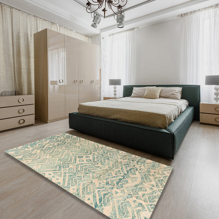 Machine Washable Abstract Green Rug in a Bedroom, wshabs4754