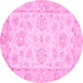 Round Machine Washable Oriental Pink Traditional Rug, wshabs475pnk