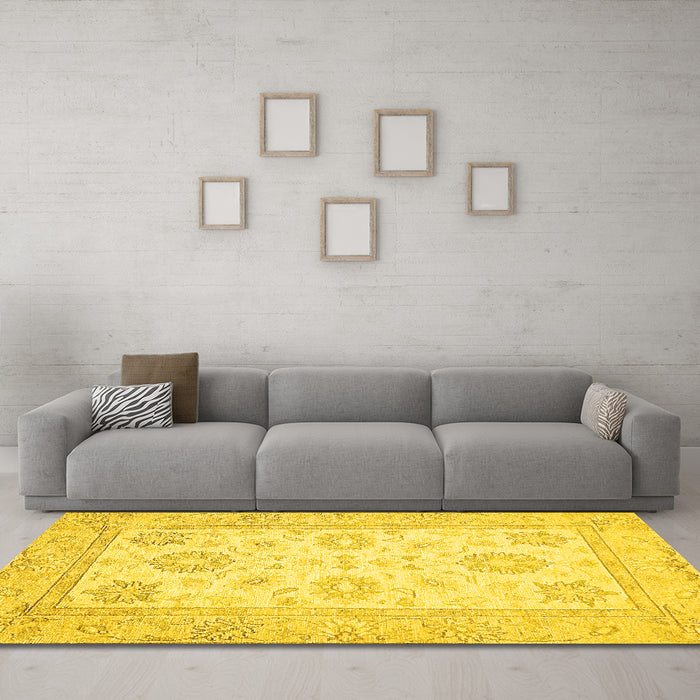 Machine Washable Oriental Yellow Traditional Rug in a Living Room, wshabs476yw