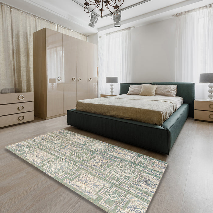 Machine Washable Abstract Desert Sand Beige Rug in a Bedroom, wshabs4785