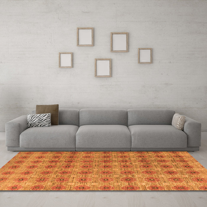 Machine Washable Abstract Orange Modern Area Rugs in a Living Room, wshabs4786org