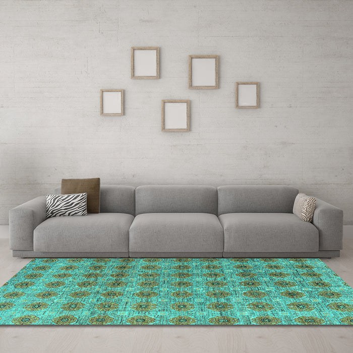 Machine Washable Abstract Turquoise Modern Area Rugs in a Living Room,, wshabs4786turq