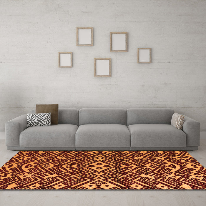 Machine Washable Abstract Orange Modern Area Rugs in a Living Room, wshabs4789org