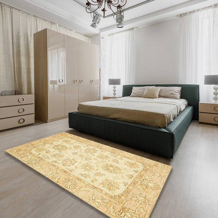 Abstract Sun Yellow Oriental Rug in a Bedroom, abs478
