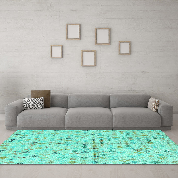 Machine Washable Abstract Turquoise Modern Area Rugs in a Living Room,, wshabs4793turq
