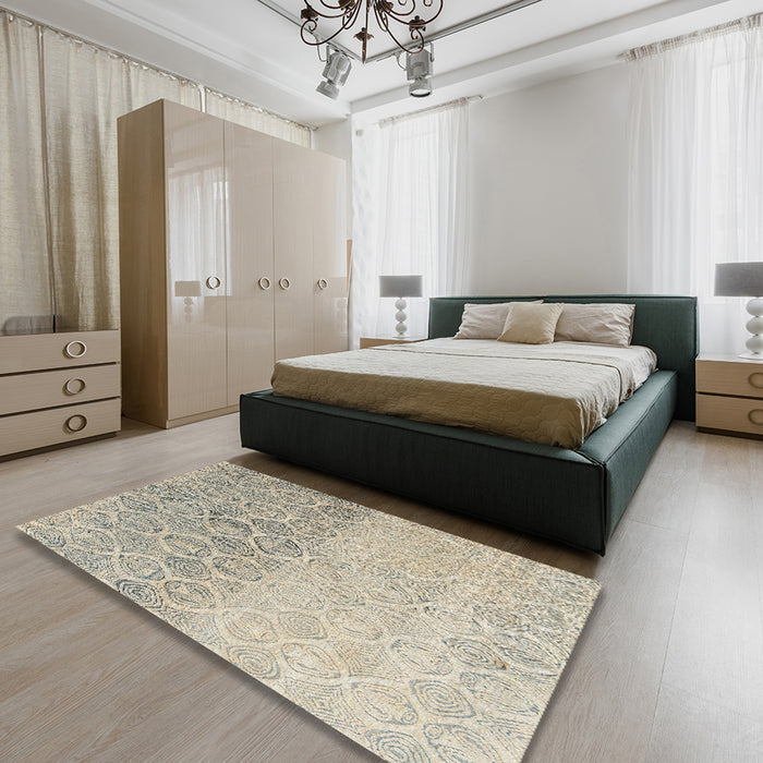 Abstract Khaki Green Modern Rug in a Bedroom, abs4799