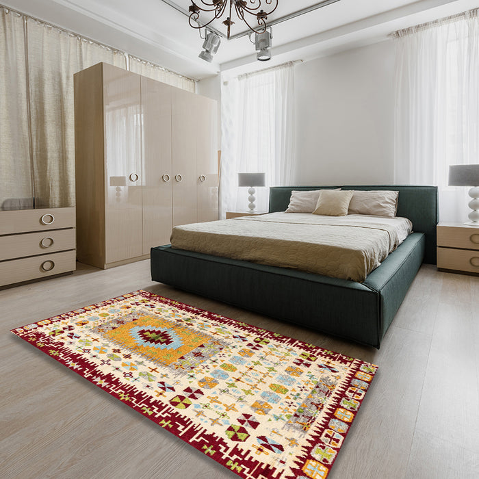 Machine Washable Abstract Khaki Gold Rug in a Bedroom, wshabs4824