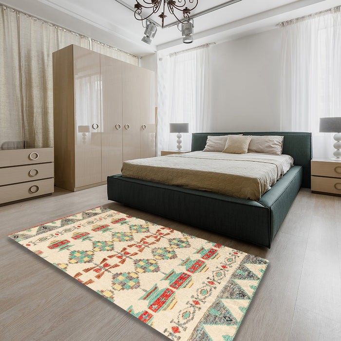 Machine Washable Abstract Khaki Gold Rug in a Bedroom, wshabs4826
