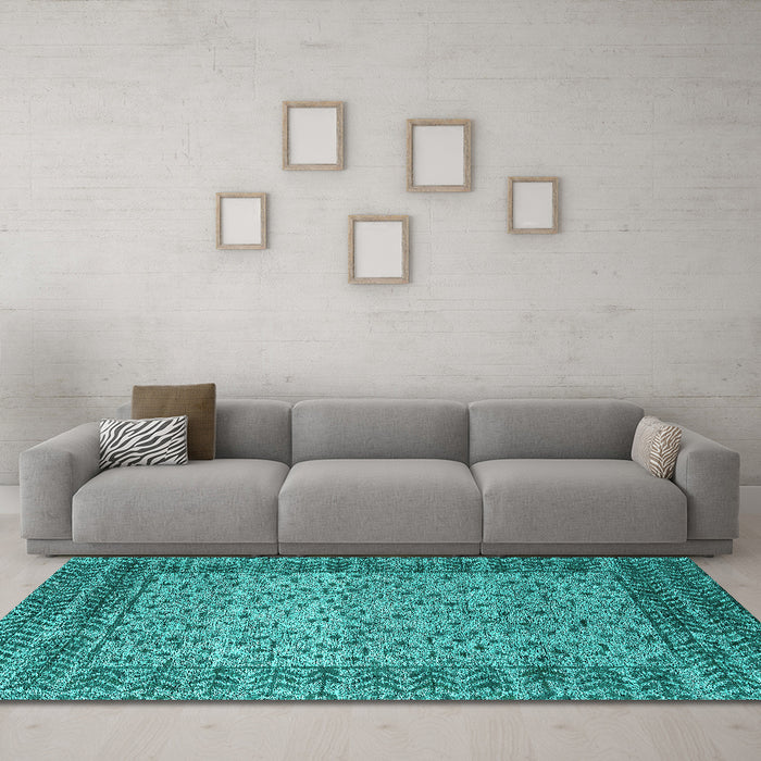 Machine Washable Abstract Turquoise Modern Area Rugs in a Living Room,, wshabs4839turq
