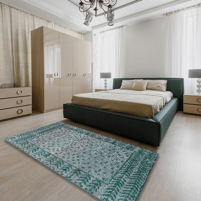 Abstract Dark Blue Grey Blue Modern Rug in a Bedroom, abs4839