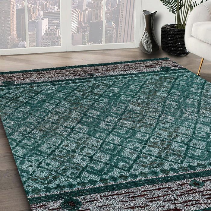 Machine Washable Abstract Cadet Blue Green Rug in a Family Room, wshabs4840