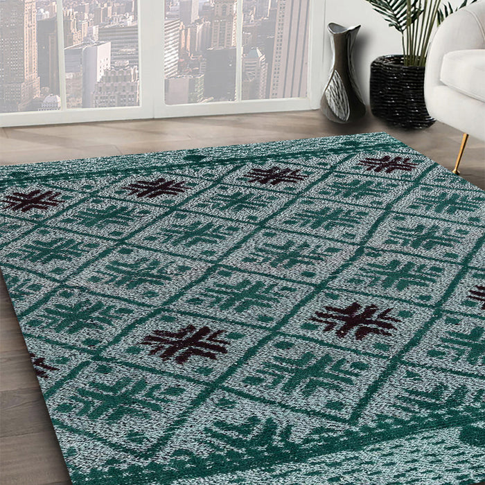 Abstract Deep Teal Green Modern Rug in Family Room, abs4841