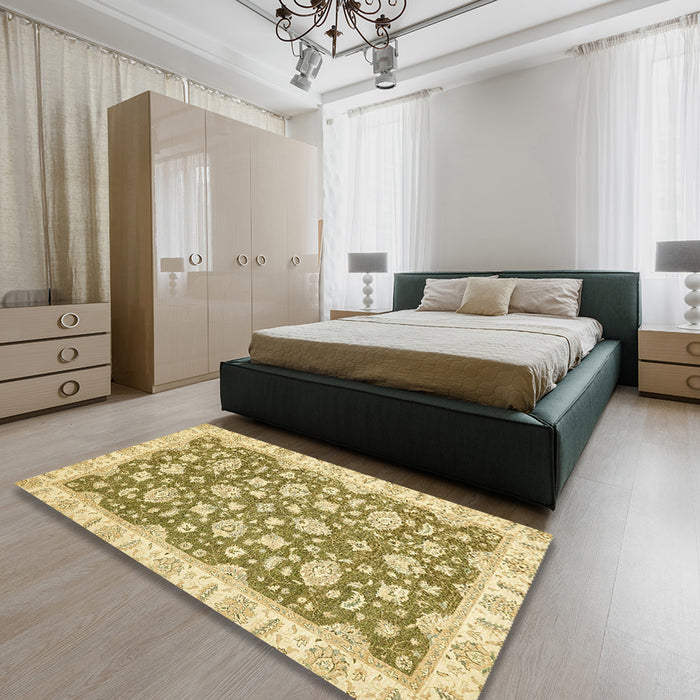 Abstract Mustard Yellow Oriental Rug in a Bedroom, abs484
