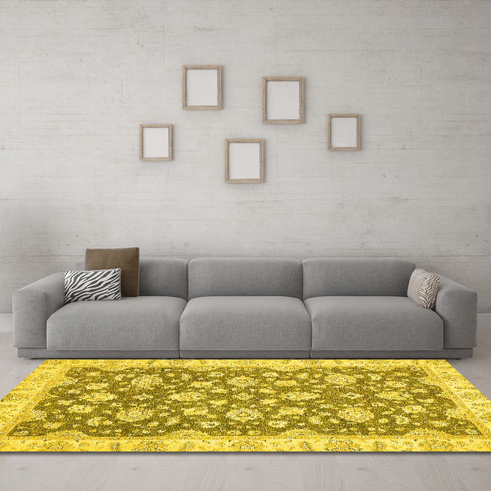 Machine Washable Oriental Yellow Traditional Rug in a Living Room, wshabs484yw