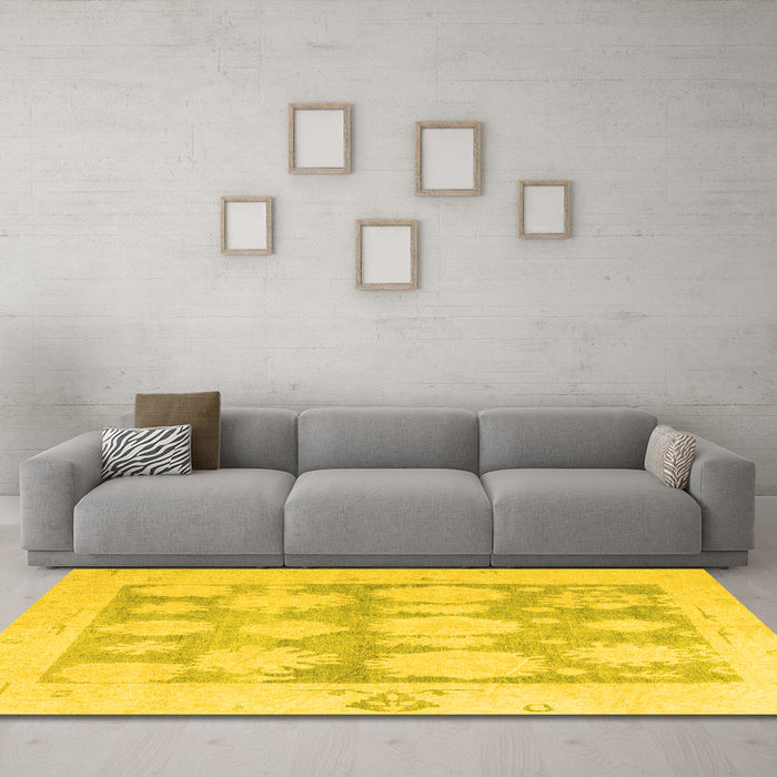 Machine Washable Oriental Yellow Traditional Rug in a Living Room, wshabs4856yw