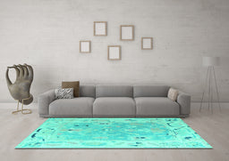 Machine Washable Oriental Turquoise Traditional Area Rugs in a Living Room,, wshabs4857turq