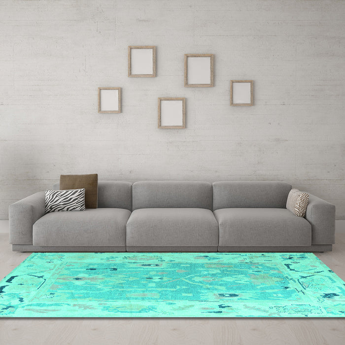 Machine Washable Oriental Turquoise Traditional Area Rugs in a Living Room,, wshabs4857turq
