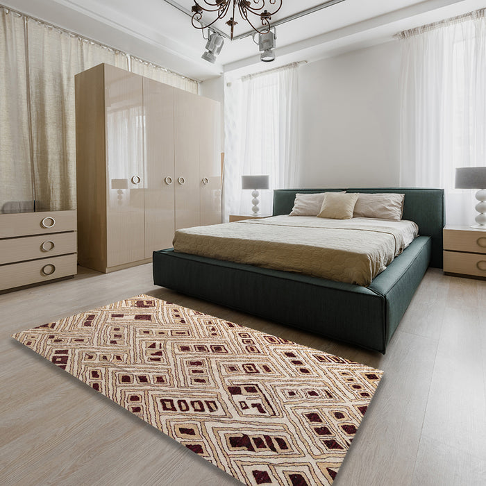 Abstract Dark Gold Brown Modern Rug in a Bedroom, abs4862