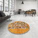 Round Machine Washable Abstract Yellow Orange Rug in a Office, wshabs486