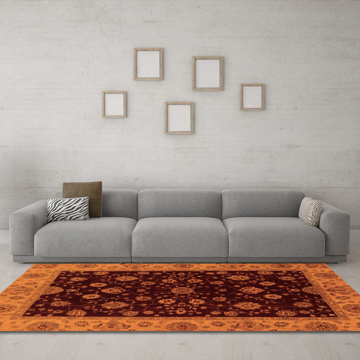 Machine Washable Abstract Orange Modern Area Rugs in a Living Room, wshabs490org