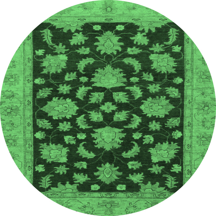 Round Machine Washable Oriental Emerald Green Traditional Area Rugs, wshabs491emgrn