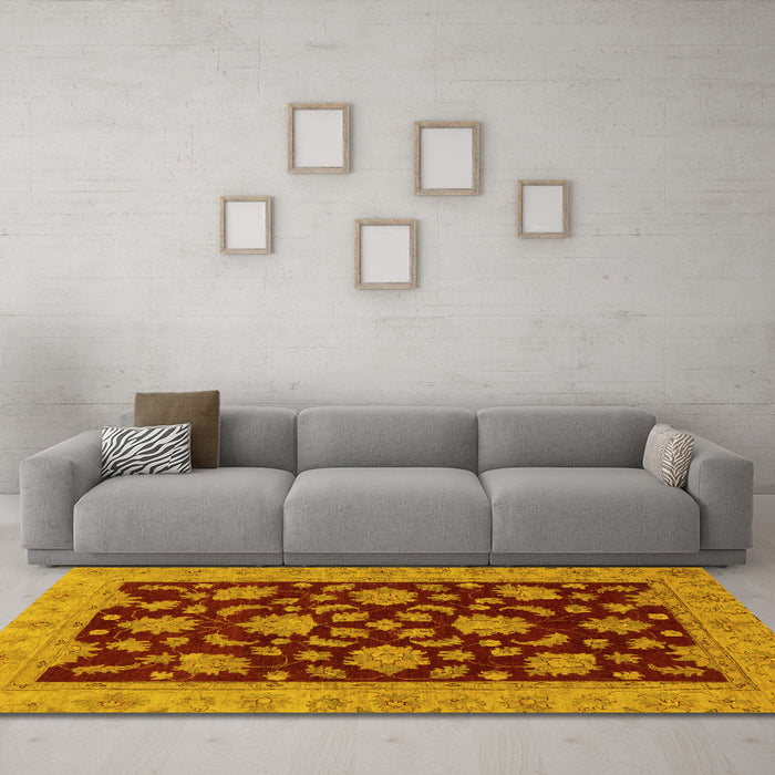 Machine Washable Oriental Yellow Traditional Rug in a Living Room, wshabs491yw