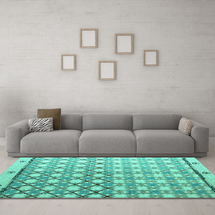 Machine Washable Abstract Turquoise Modern Area Rugs in a Living Room,, wshabs4927turq