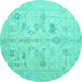 Round Machine Washable Oriental Turquoise Traditional Area Rugs, wshabs4935turq