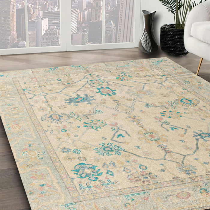 Abstract Desert Sand Beige Oriental Rug in Family Room, abs4935