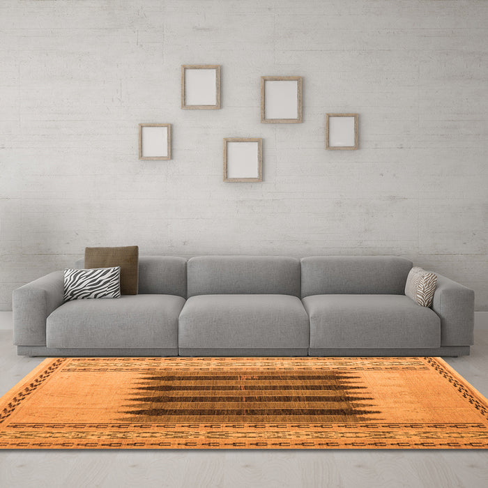 Machine Washable Abstract Orange Modern Area Rugs in a Living Room, wshabs4938org
