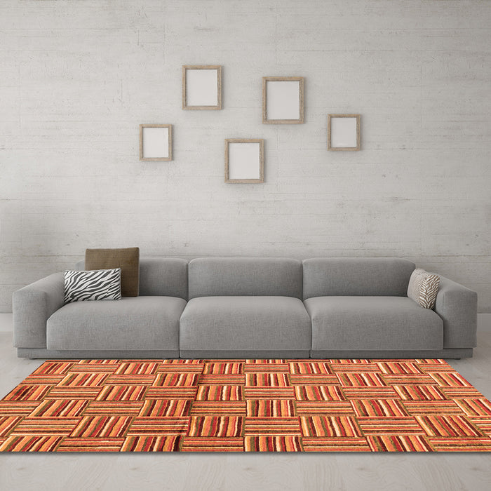 Machine Washable Abstract Orange Modern Area Rugs in a Living Room, wshabs4941org