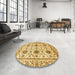 Round Machine Washable Abstract Chrome Gold Yellow Rug in a Office, wshabs494