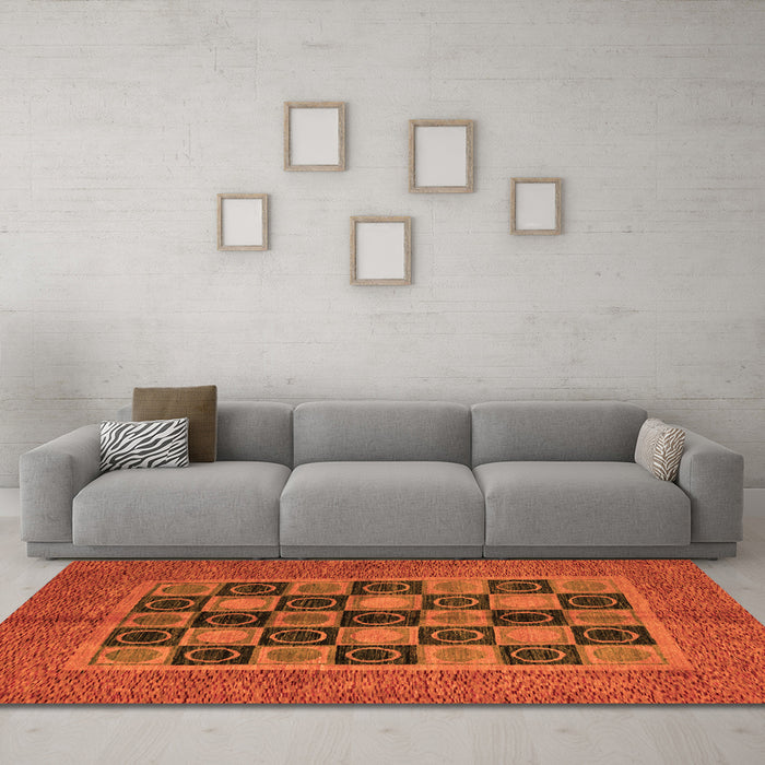 Machine Washable Abstract Orange Modern Area Rugs in a Living Room, wshabs4957org