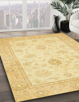 Abstract Mustard Yellow Oriental Rug in Family Room, abs496