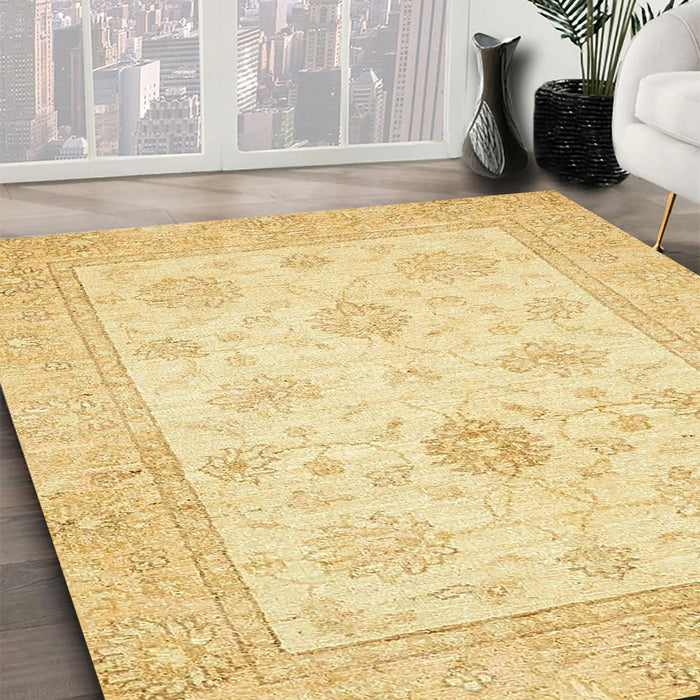Abstract Mustard Yellow Oriental Rug in Family Room, abs496