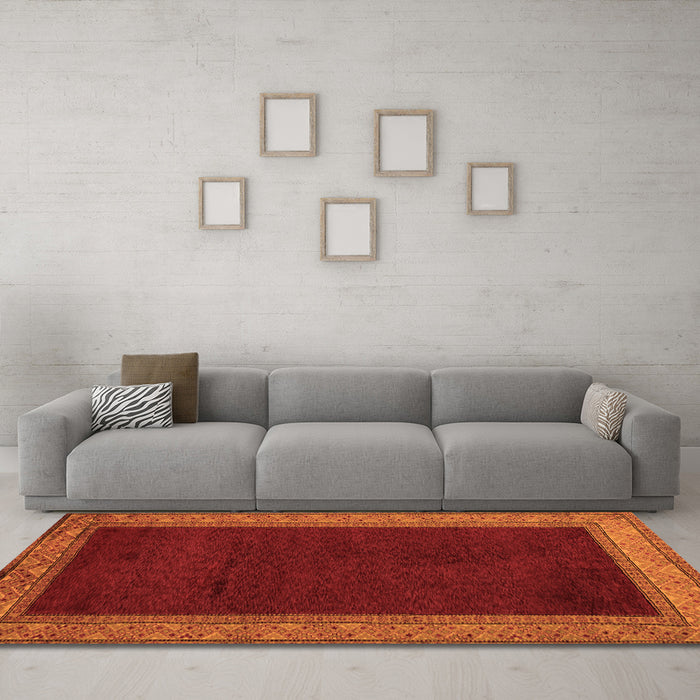 Machine Washable Abstract Orange Modern Area Rugs in a Living Room, wshabs4970org