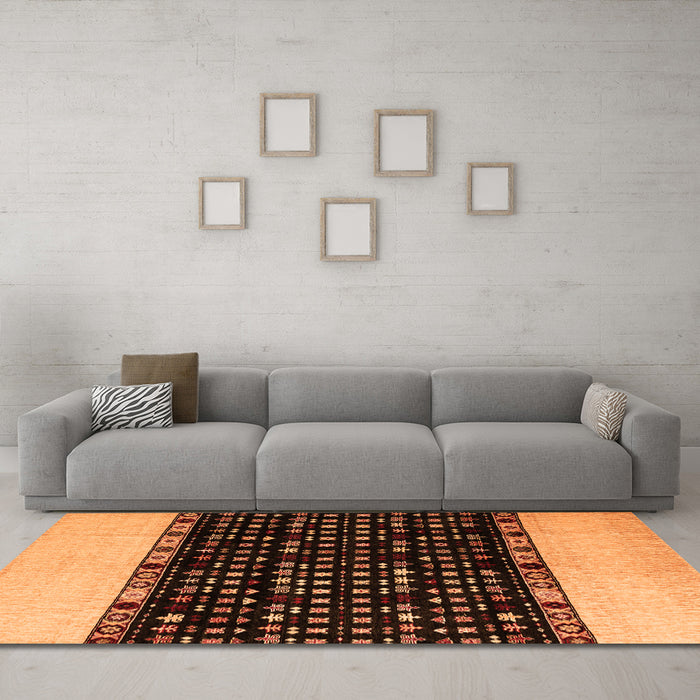 Machine Washable Abstract Orange Modern Area Rugs in a Living Room, wshabs4971org