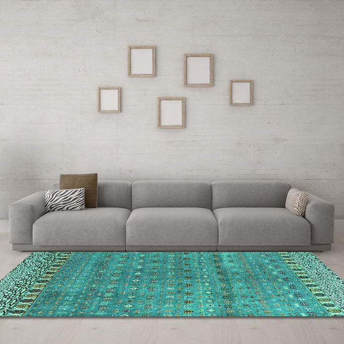 Machine Washable Abstract Turquoise Modern Area Rugs in a Living Room,, wshabs4974turq