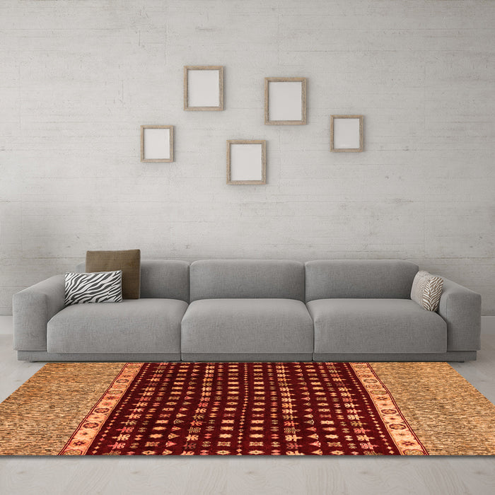 Machine Washable Abstract Orange Modern Area Rugs in a Living Room, wshabs4975org