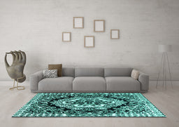 Machine Washable Medallion Turquoise French Area Rugs in a Living Room,, wshabs4976turq