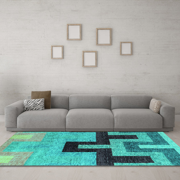 Machine Washable Abstract Turquoise Modern Area Rugs in a Living Room,, wshabs4977turq