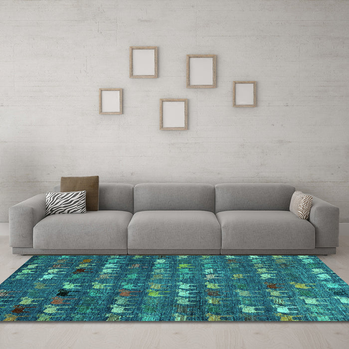 Machine Washable Abstract Turquoise Modern Area Rugs in a Living Room,, wshabs4979turq