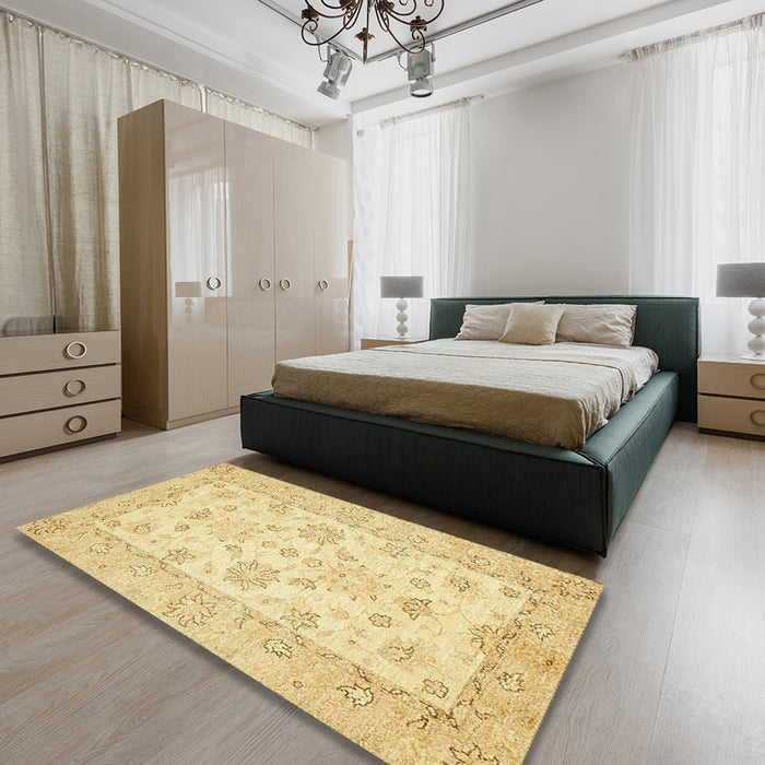 Abstract Yellow Oriental Rug in a Bedroom, abs497